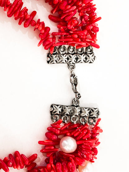 Gorgeous Five Strand Bright Coral Bead Cultured Pearl Silver Closure Necklace