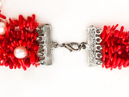 Gorgeous Five Strand Bright Coral Bead Cultured Pearl Silver Closure Necklace