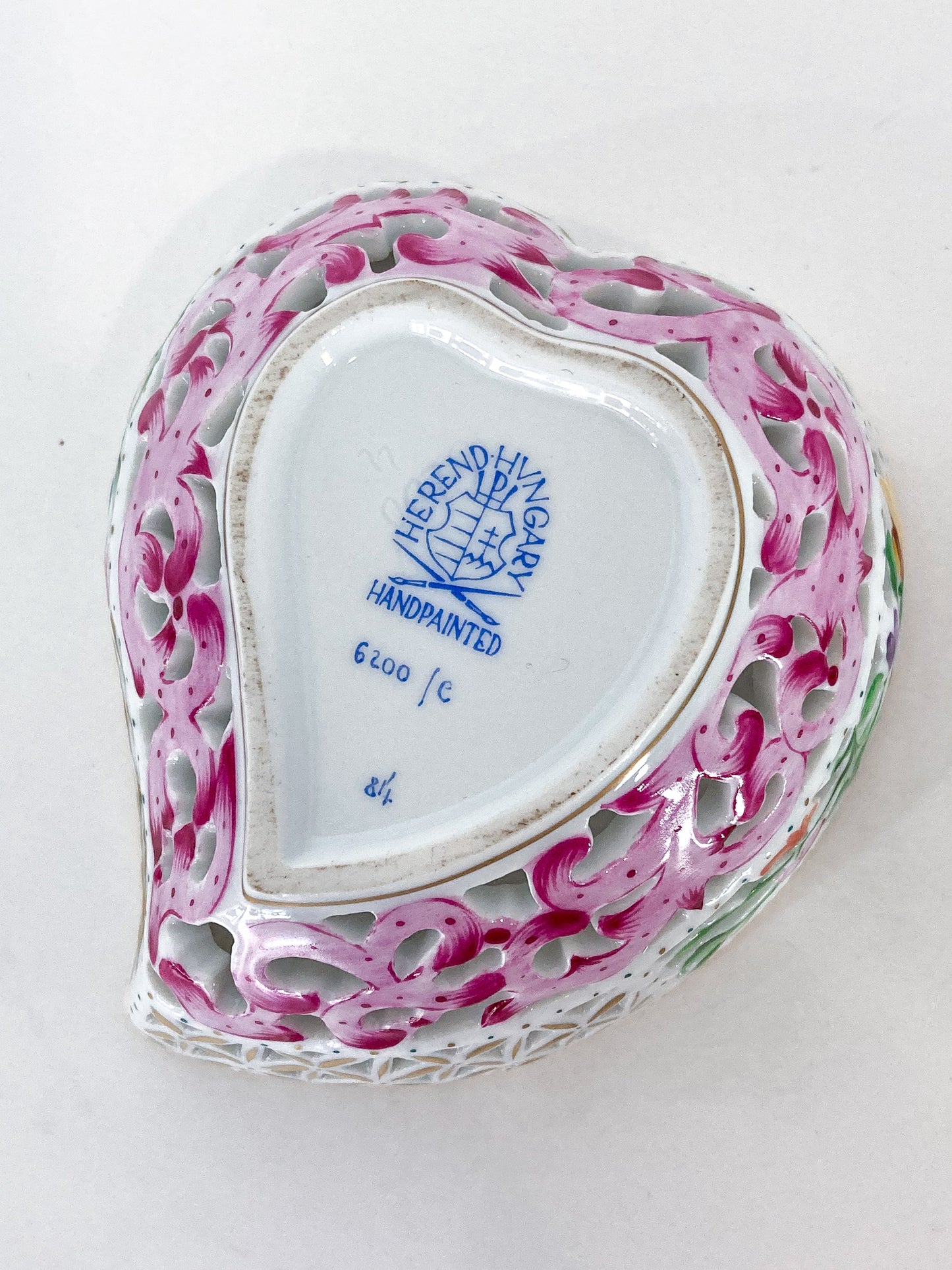 Herend Hand Painted Floral Lattice Reticulated Porcelain Rose Heart Box