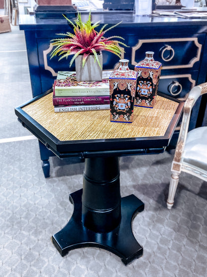 New Madcap Cottage Everglades Black Hexagon Natural Woven Grass Top Accent Side Table 2