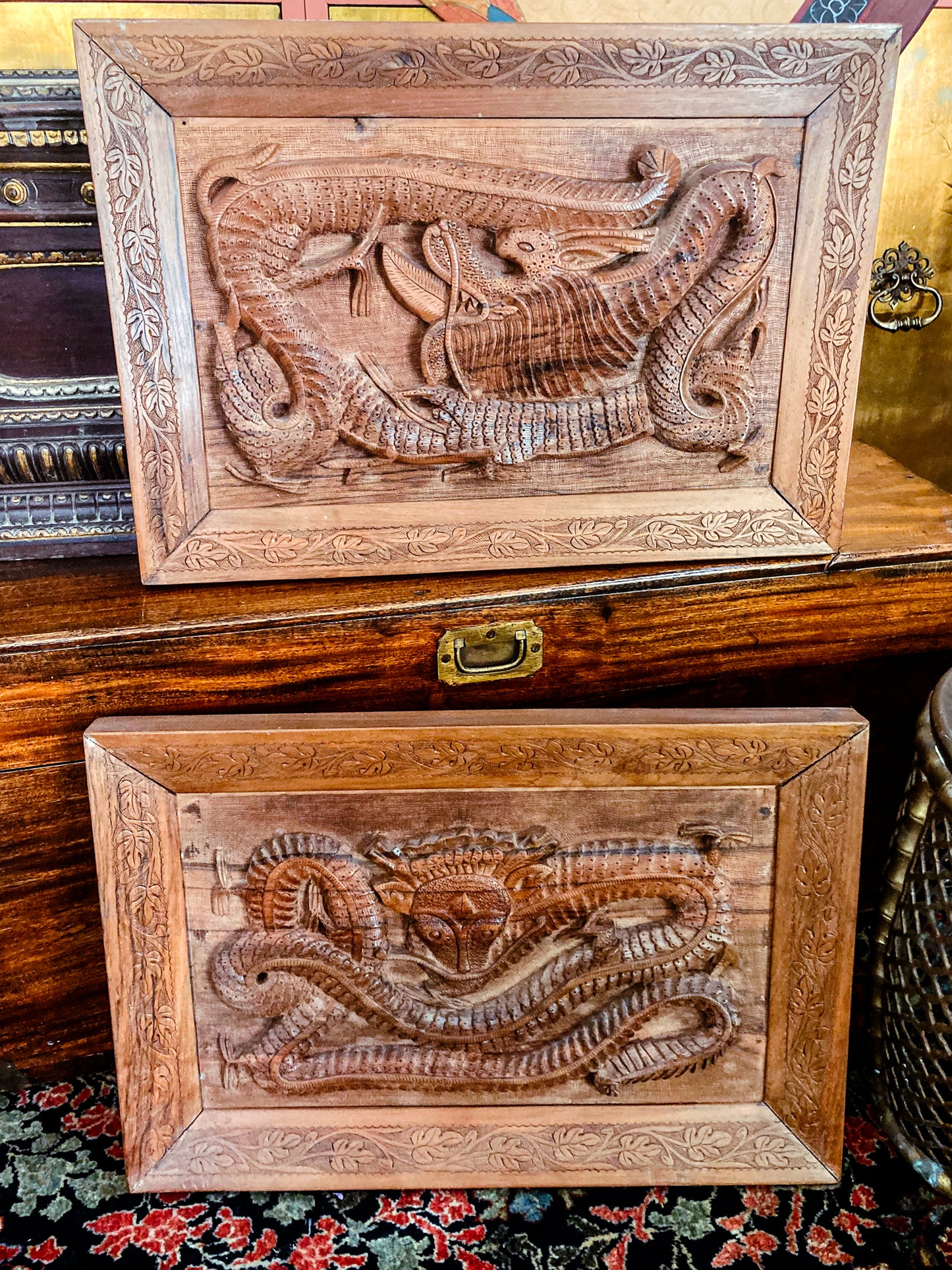 Pair of Intricately Hand Carved Relief Serpent Dragon Teak Wood Plaques