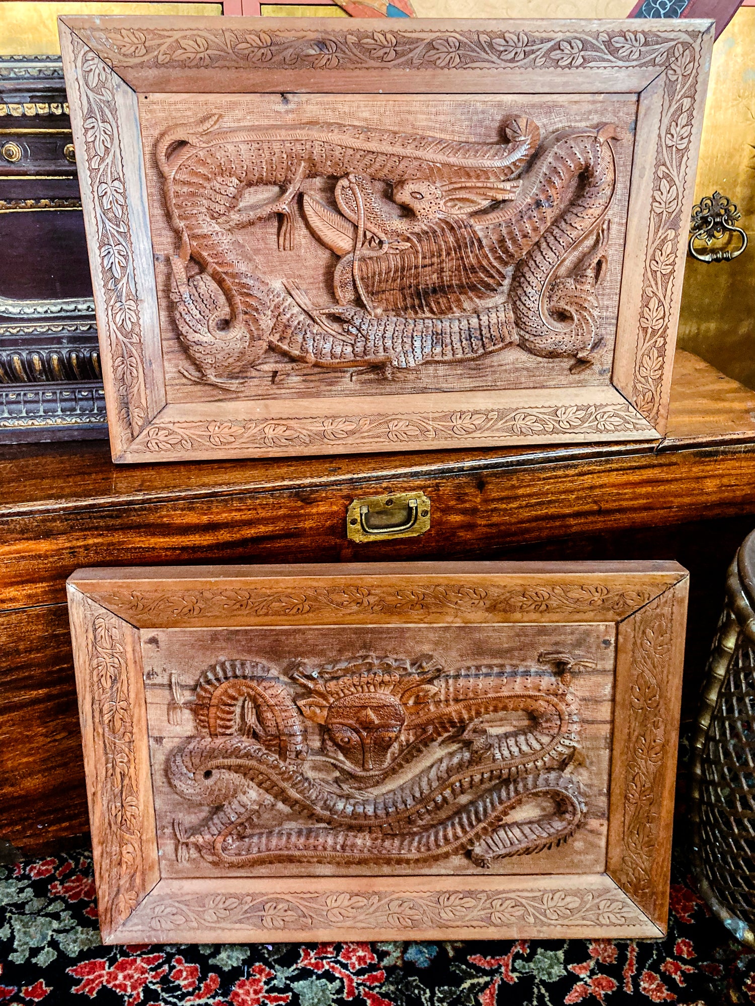 Pair of Intricately Hand Carved Relief Serpent Dragon Teak Wood Plaques