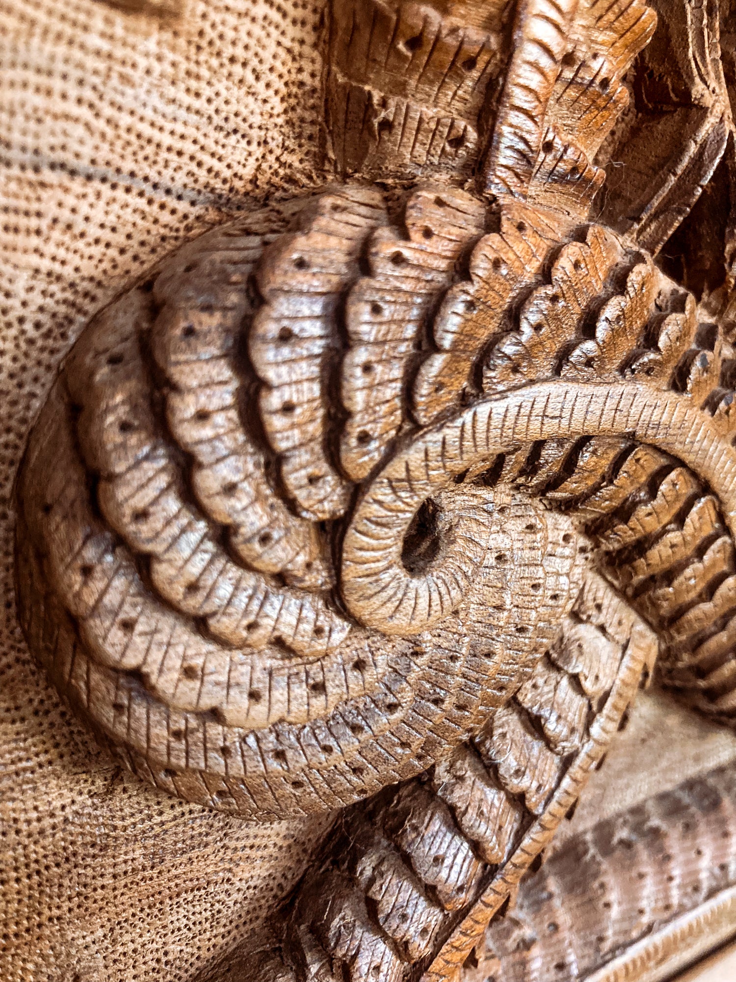 Pair of Intricately Hand Carved Relief Serpent Dragon Teak Wood Plaques Detail Close Up 1