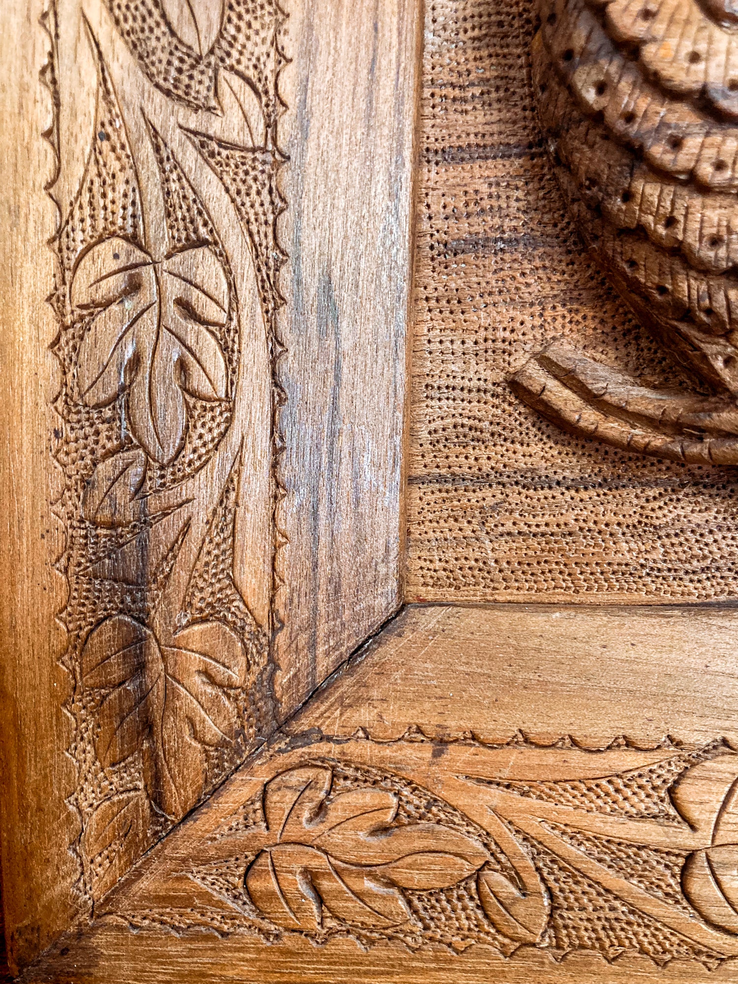 Pair of Intricately Hand Carved Relief Serpent Dragon Teak Wood Plaques Border Close Up 1