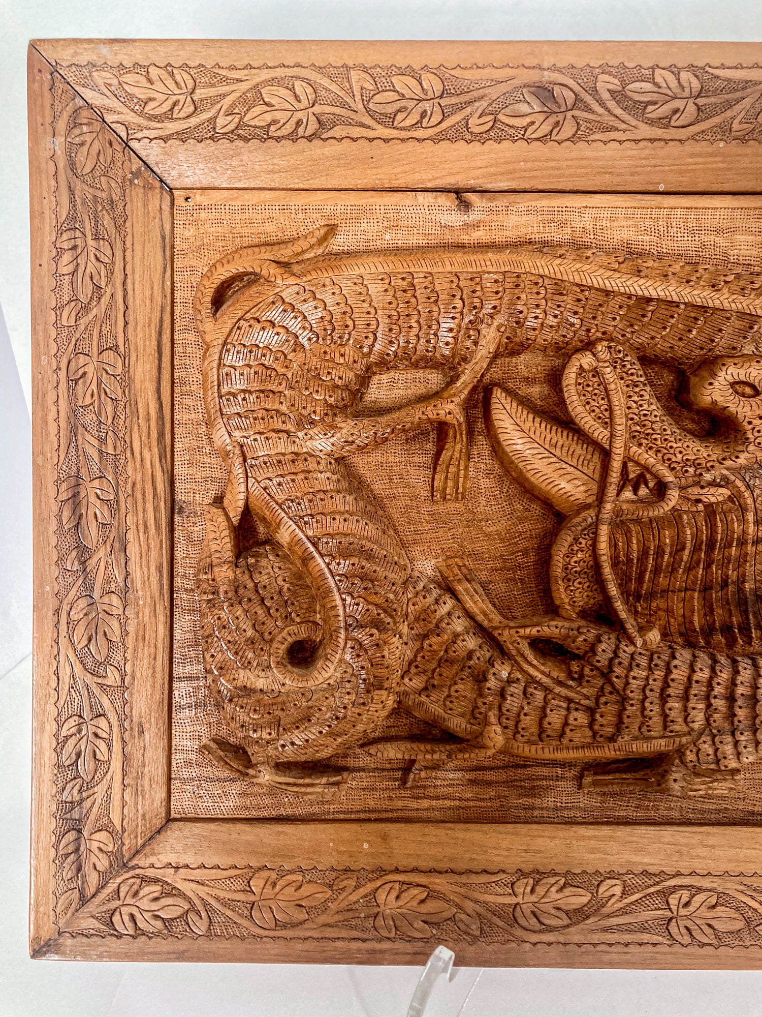 Pair of Intricately Hand Carved Relief Serpent Dragon Teak Wood Plaques 1 Close Up