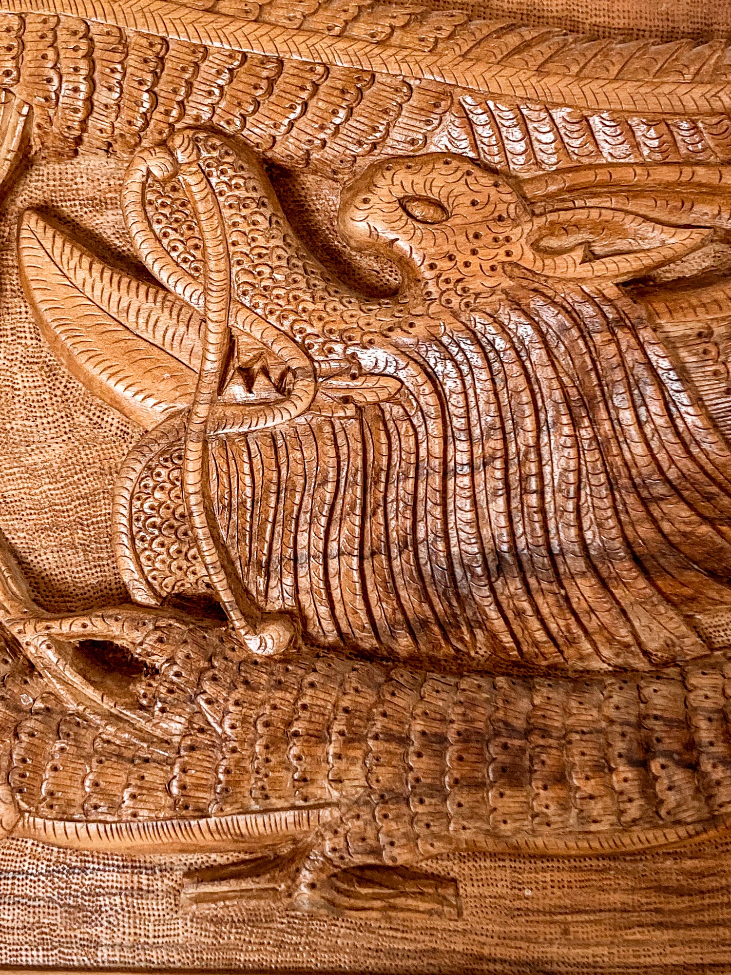 Pair of Intricately Hand Carved Relief Serpent Dragon Teak Wood Plaques 1 Close Up 3