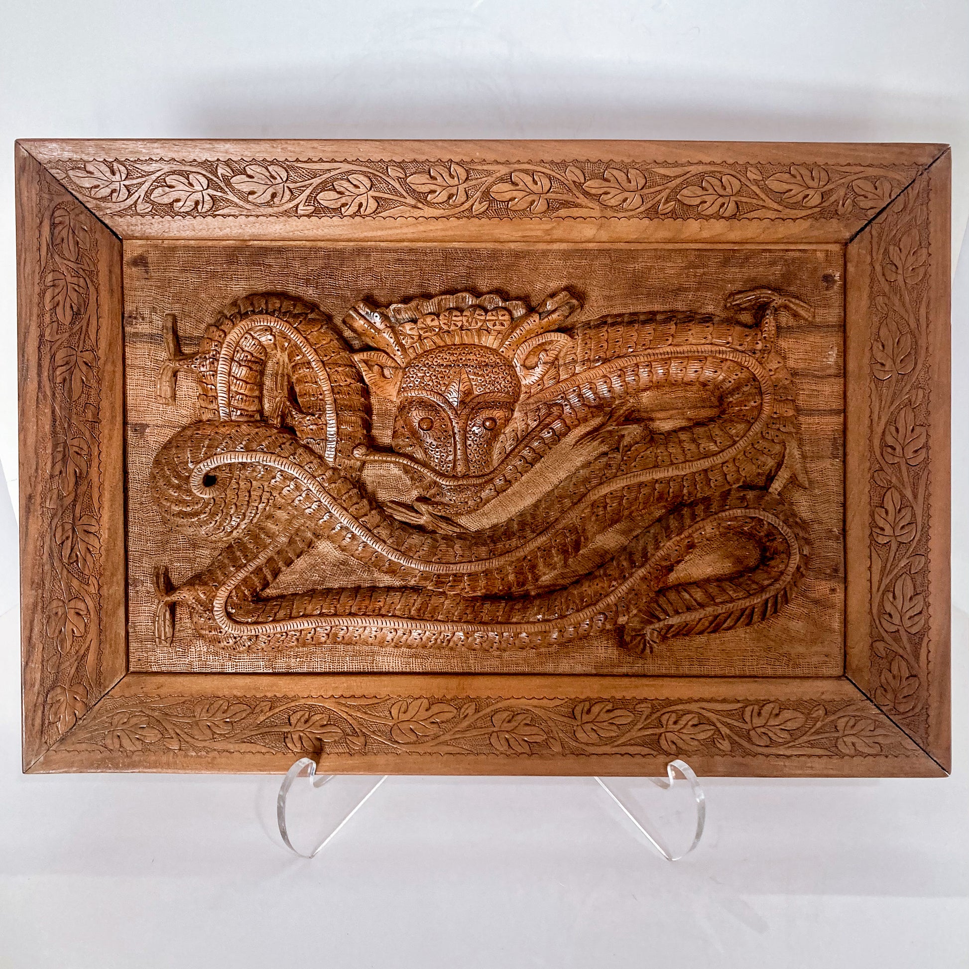 Pair of Intricately Hand Carved Relief Serpent Dragon Teak Wood Plaques 2