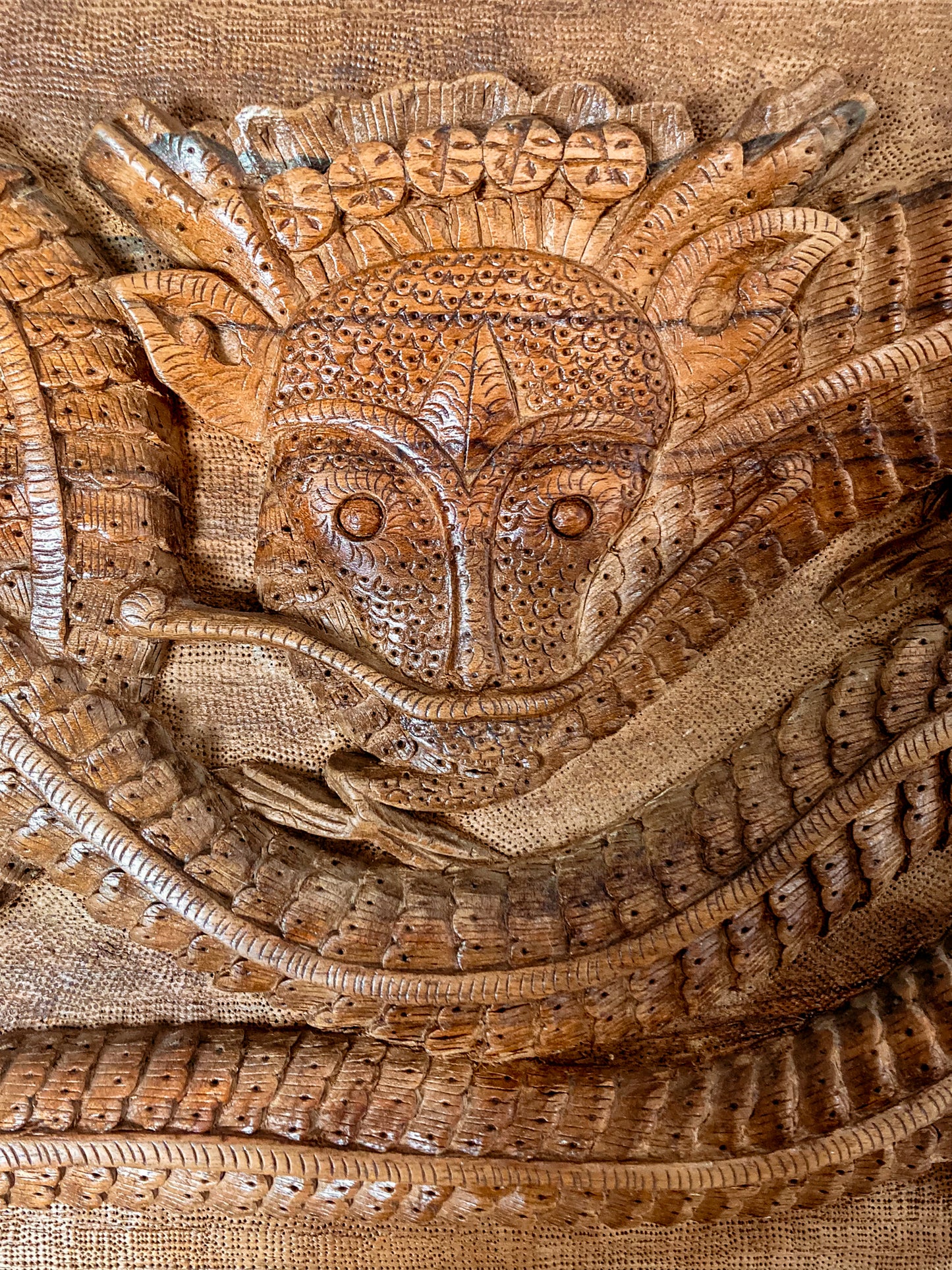 Pair of Intricately Hand Carved Relief Serpent Dragon Teak Wood Plaques 2 Close Up 3