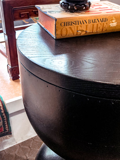 Repurposed Vintage Black Fiberglass Wood Top Hourglass Accent Side Table Close Up Top Detail