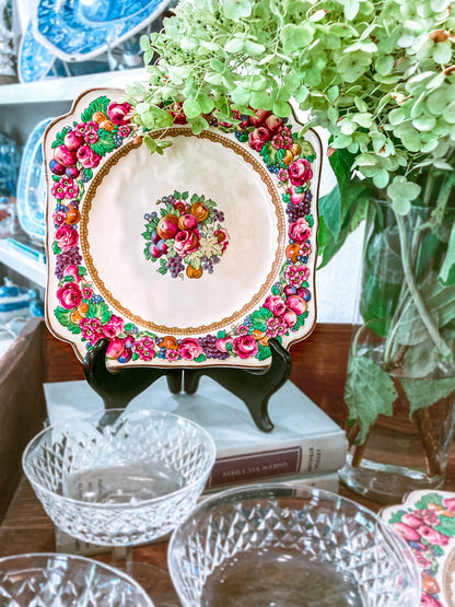 Set of Ten Vintage Crown Ducal Fruit and Flower Motif Square Florentine Dessert Salad Plates