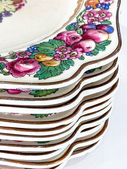 Set of Ten Vintage Crown Ducal Fruit and Flower Motif Square Florentine Dessert Salad Plates Corners