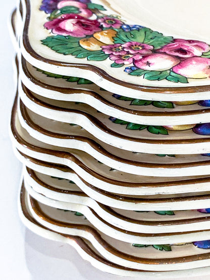 Set of Ten Vintage Crown Ducal Fruit and Flower Motif Square Florentine Dessert Salad Plates Corners 2