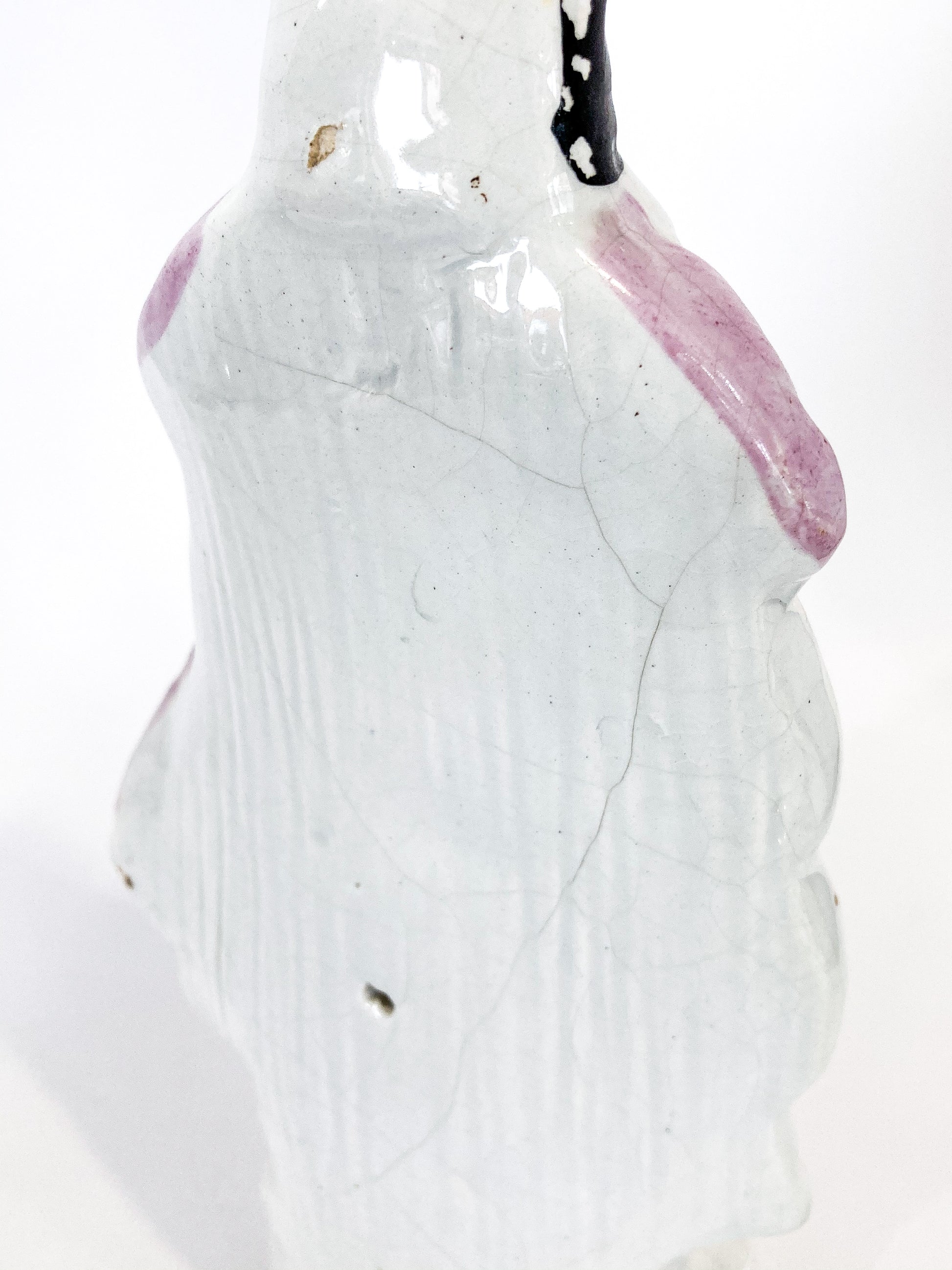 Antique 19th Century Staffordshire Lady Holding Parrot Porcelain Figure Sculpture Close Up Crackle and Hole