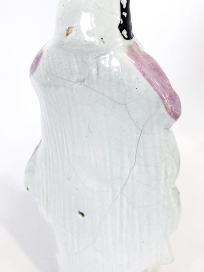 Antique 19th Century Staffordshire Lady Holding Parrot Porcelain Figure Sculpture Close Up Crackle and Hole