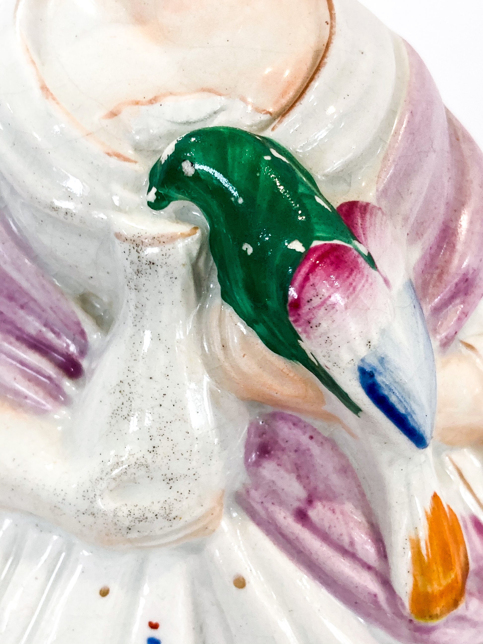 Antique 19th Century Staffordshire Lady Holding Parrot Porcelain Figure Sculpture Close Up Parrot