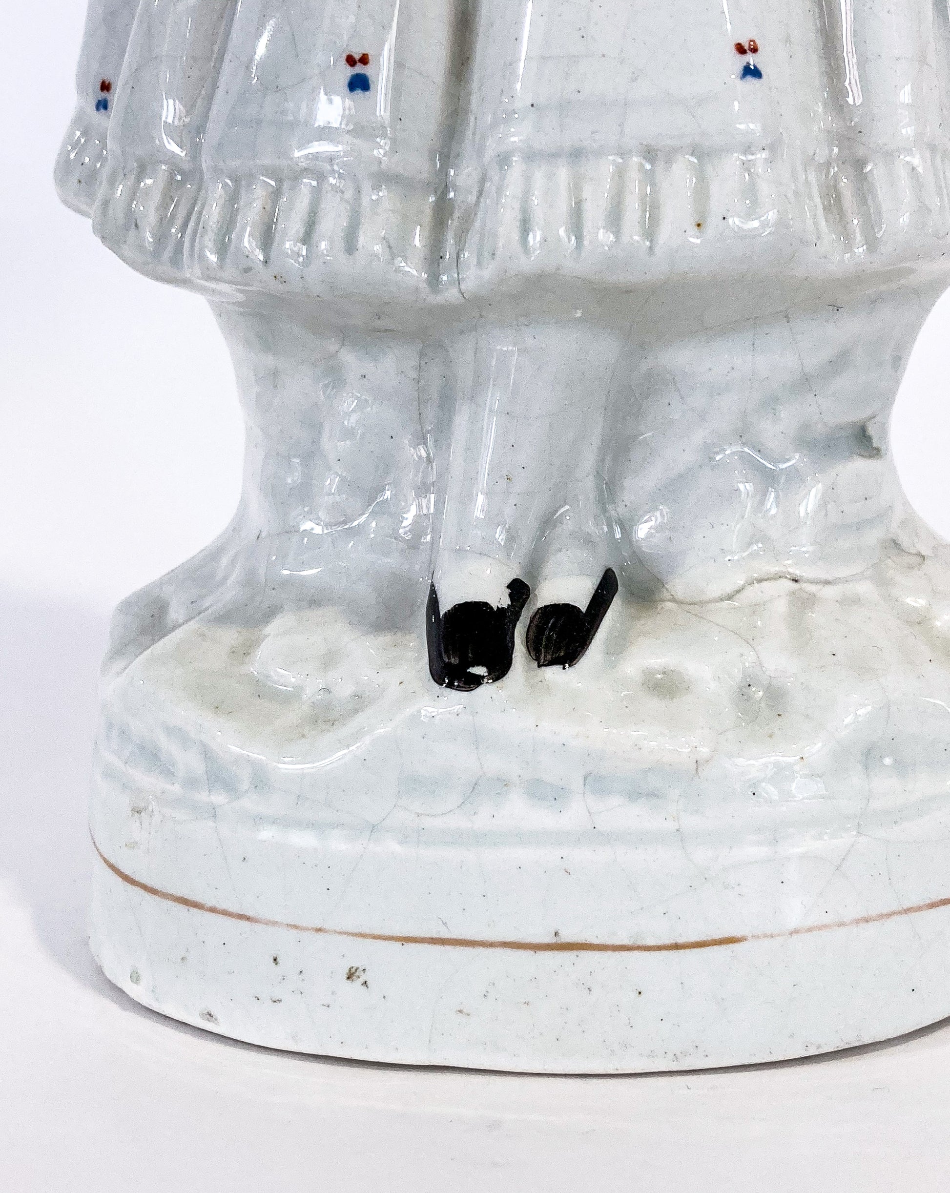Antique 19th Century Staffordshire Lady Holding Parrot Porcelain Figure Sculpture Close Up Base