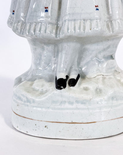 Antique 19th Century Staffordshire Lady Holding Parrot Porcelain Figure Sculpture Close Up Base