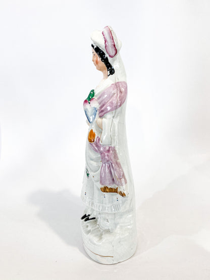 Antique 19th Century Staffordshire Lady Holding Parrot Porcelain Figure Sculpture Side 2