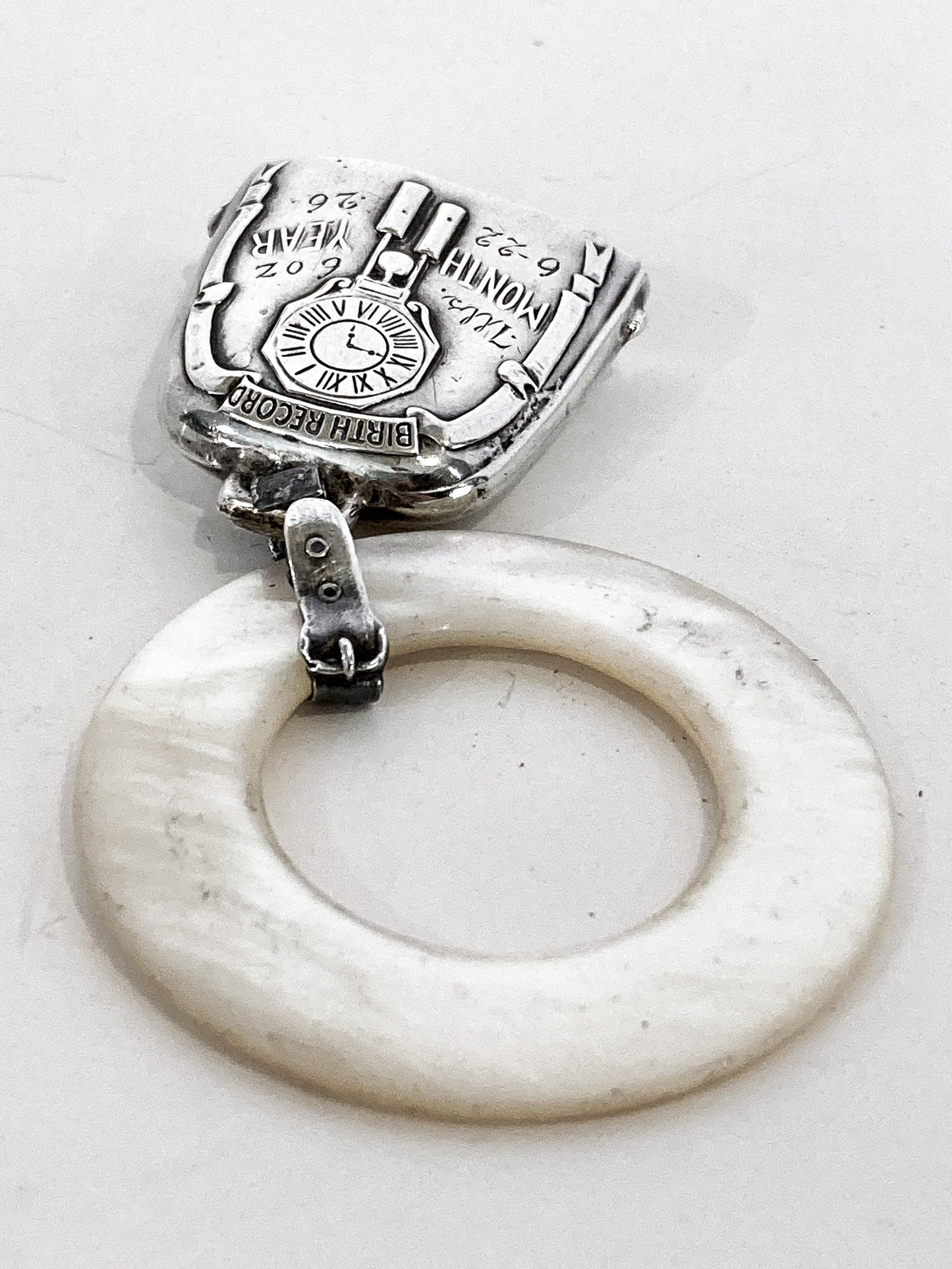 Antique 1926 Sterling Silver June 22 Baby Birth Record Bell Ornament Shell 2