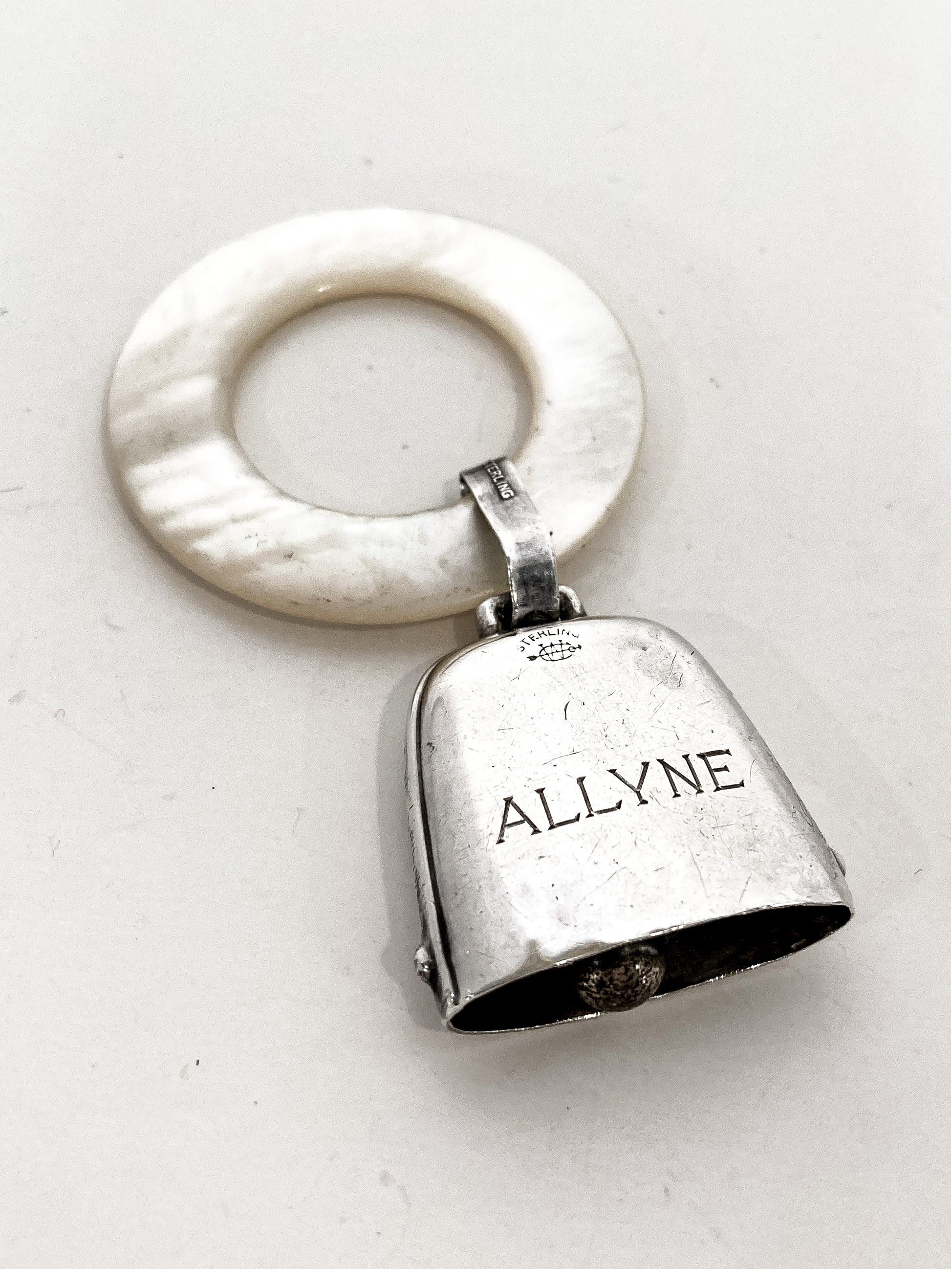 Antique 1926 Sterling Silver June 22 Baby Birth Record Bell Ornament Back