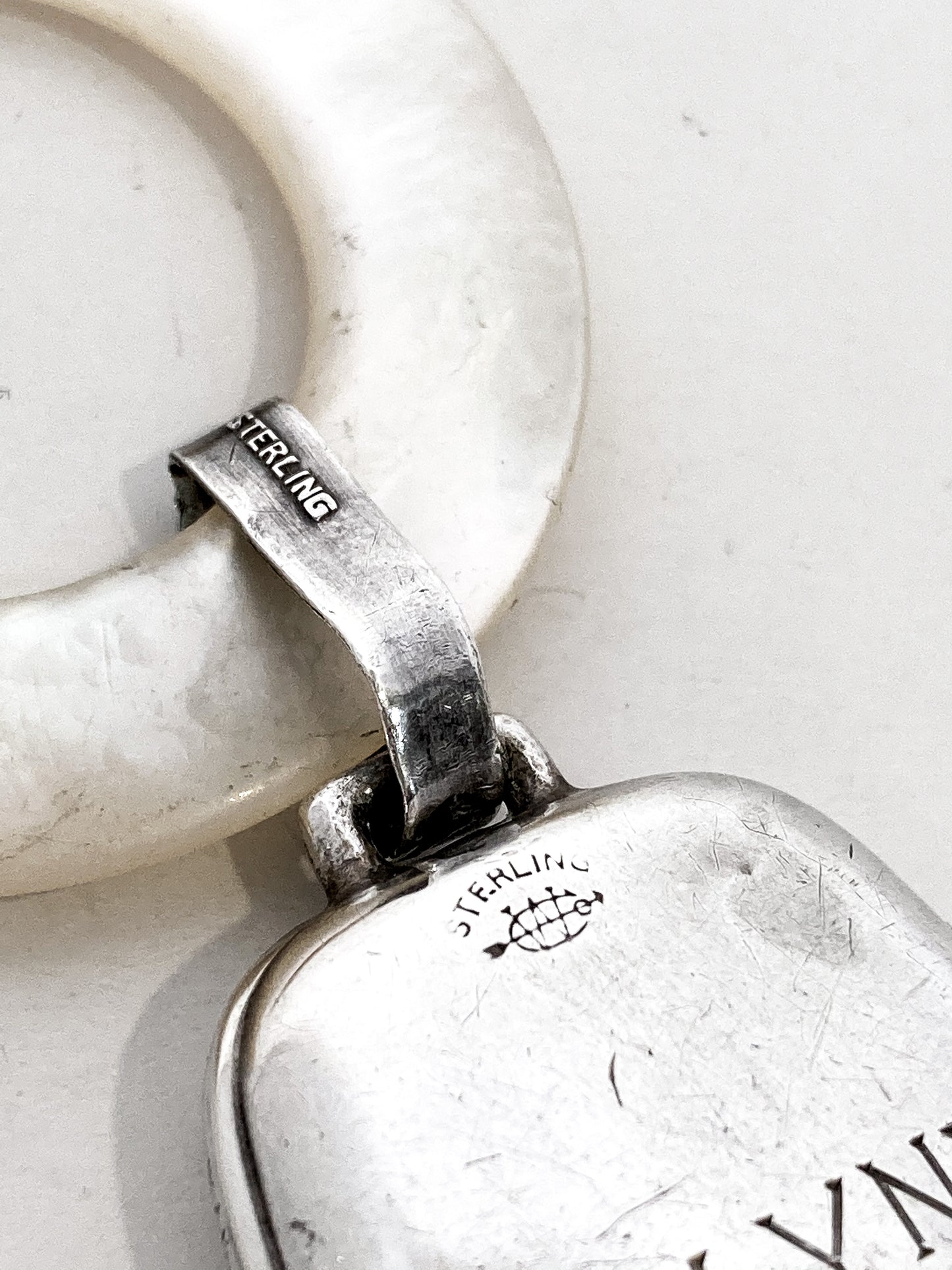 Antique 1926 Sterling Silver June 22 Baby Birth Record Bell Ornament Marking Close Up