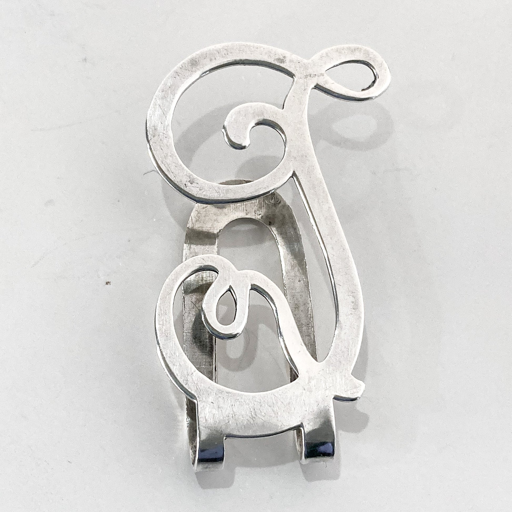 Vintage Sterling Silver Filigree Cursive Letter Napkin Money Paper Clip