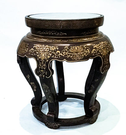 Vintage Applied Stone Roses Bird Gold Detailed Black Lacquer Round Side Table