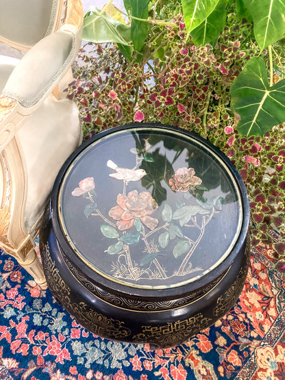Vintage Applied Stone Roses Bird Gold Detailed Black Lacquer Round Side Table