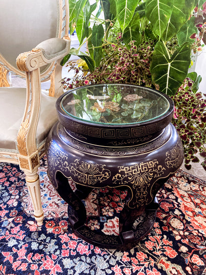 Vintage Applied Stone Roses Bird Gold Detailed Black Lacquer Round Side Table