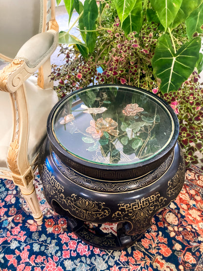 Vintage Applied Stone Roses Bird Gold Detailed Black Lacquer Round Side Table