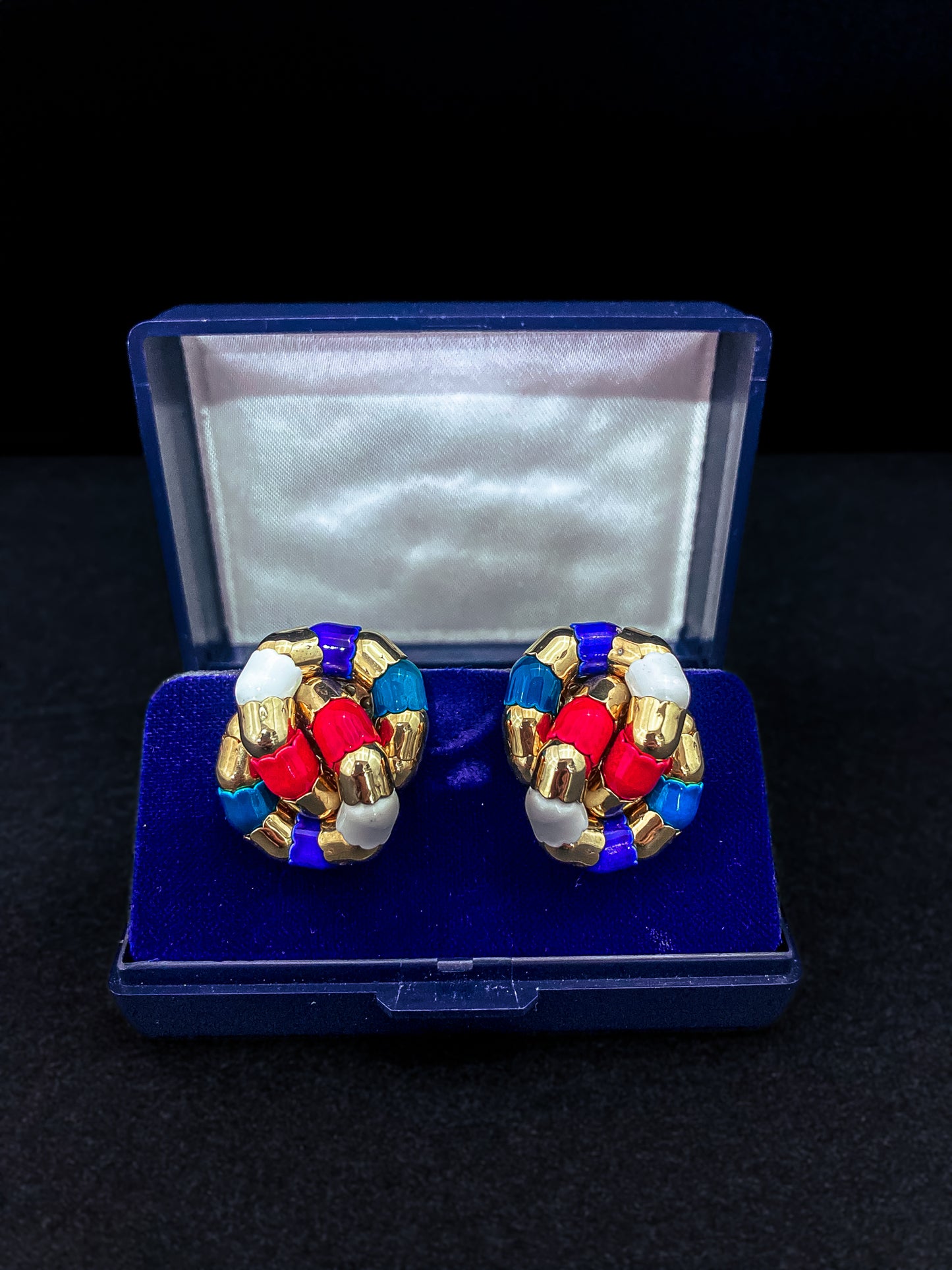 Vintage Bucherer Red Blue White Gold Tulip Knot Clip-on Earrings Original Box 2