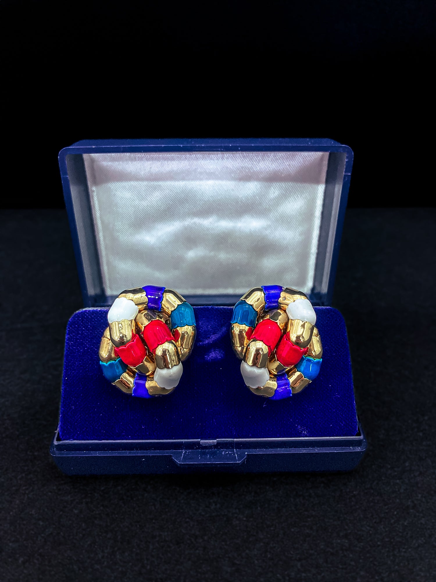 Vintage Bucherer Red Blue White Gold Tulip Knot Clip-on Earrings Original Box 2