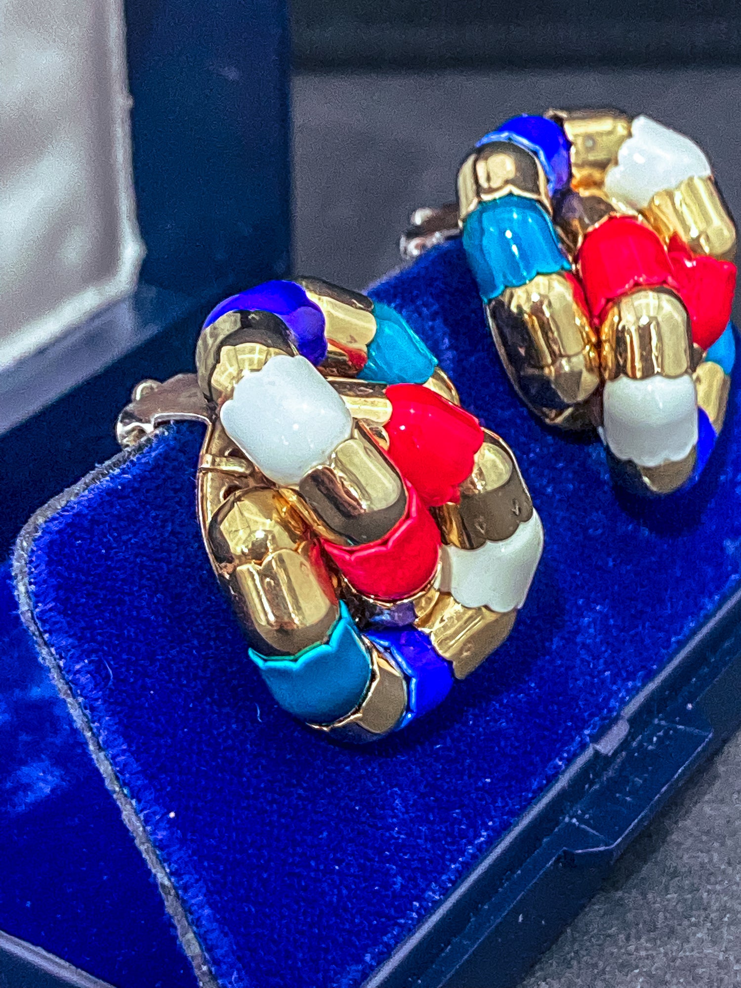 Vintage Bucherer Red Blue White Gold Tulip Knot Clip-on Earrings Original Box 4