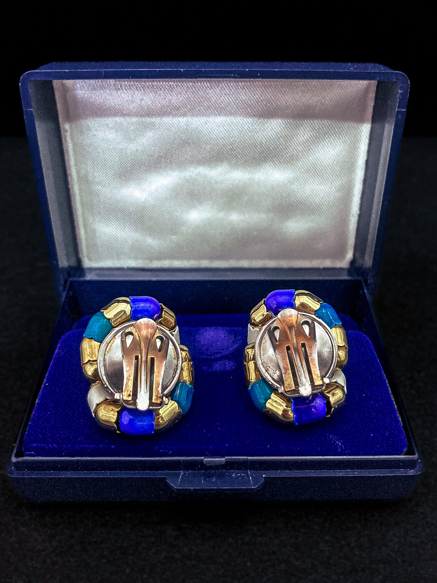 Vintage Bucherer Red Blue White Gold Tulip Knot Clip-on Earrings Original Box Backs