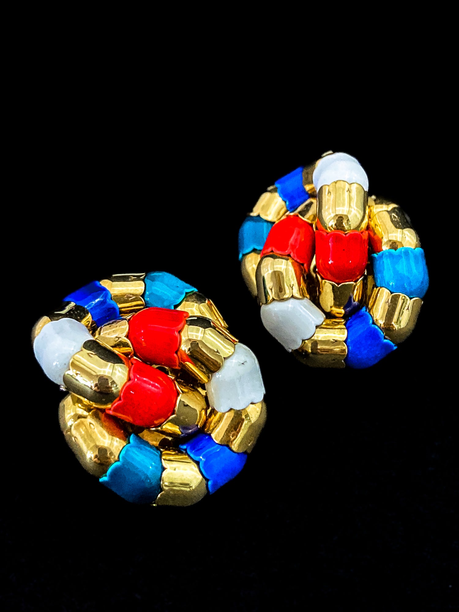 Vintage Bucherer Red Blue White Gold Tulip Knot Clip-on Earrings Original Box 1