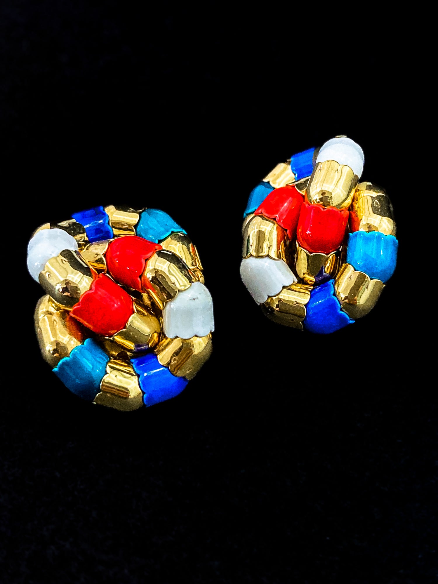 Vintage Bucherer Red Blue White Gold Tulip Knot Clip-on Earrings Original Box 3