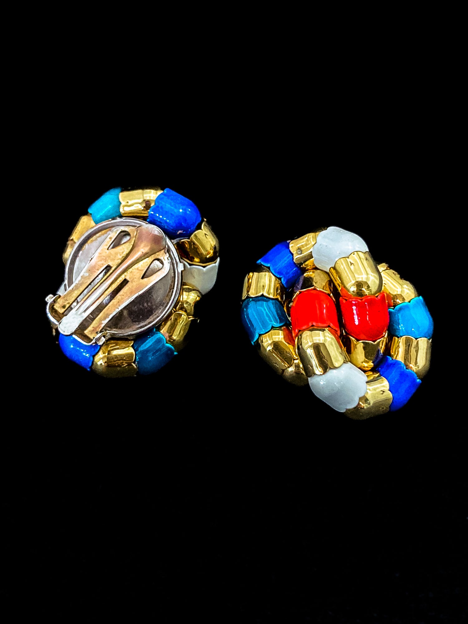 Vintage Bucherer Red Blue White Gold Tulip Knot Clip-on Earrings Original Box 4