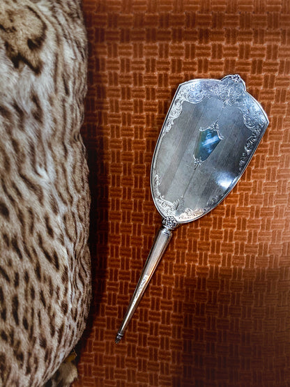 Vintage Engraved Sterling Silver Haddon Hall Elongated Vanity Hand Mirror