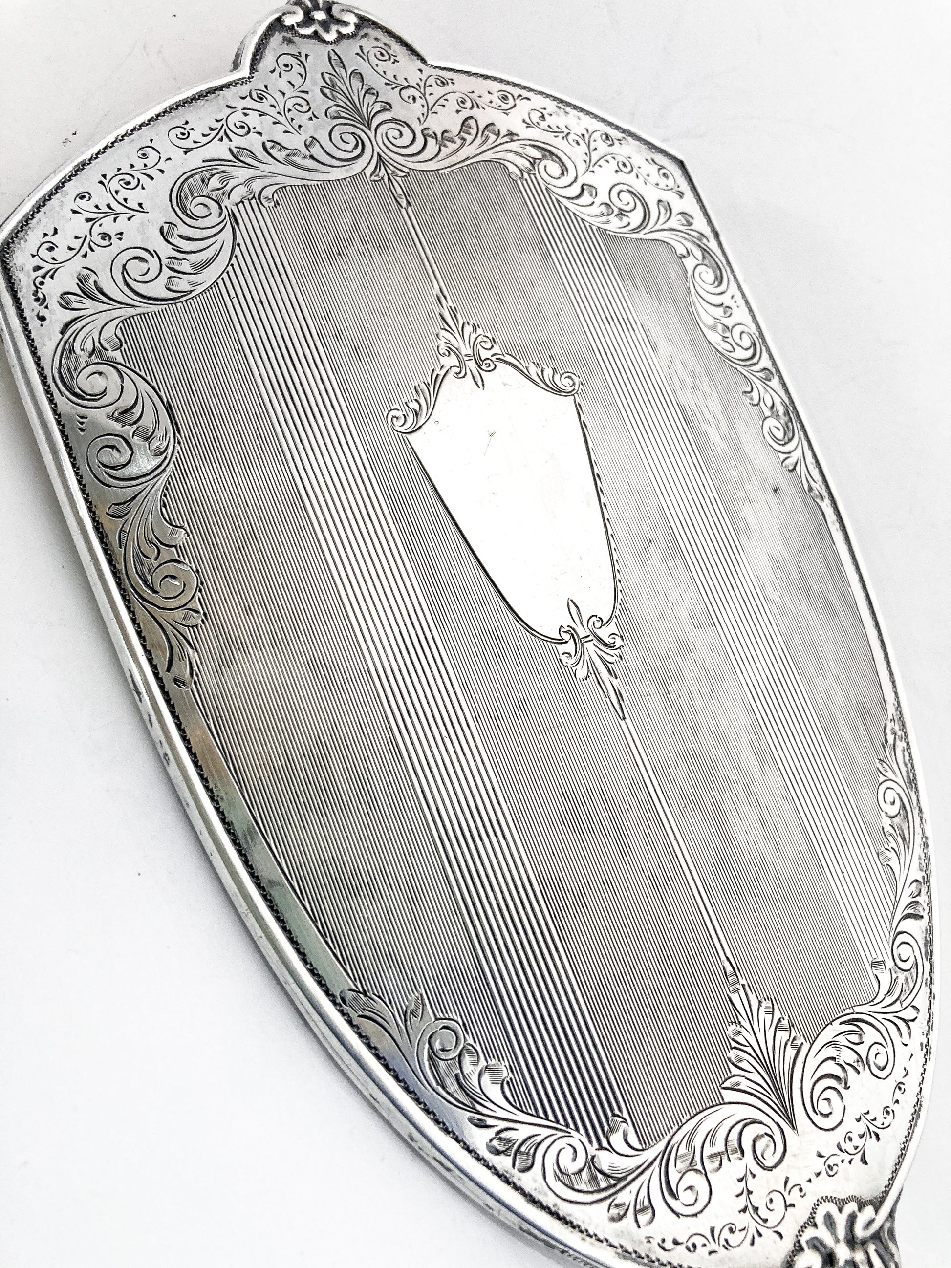 Vintage Engraved Sterling Silver Haddon Hall Elongated Vanity Hand Mirror Close Up Back