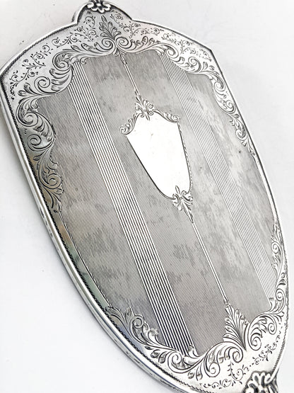 Vintage Engraved Sterling Silver Haddon Hall Elongated Vanity Hand Mirror Close Up Back