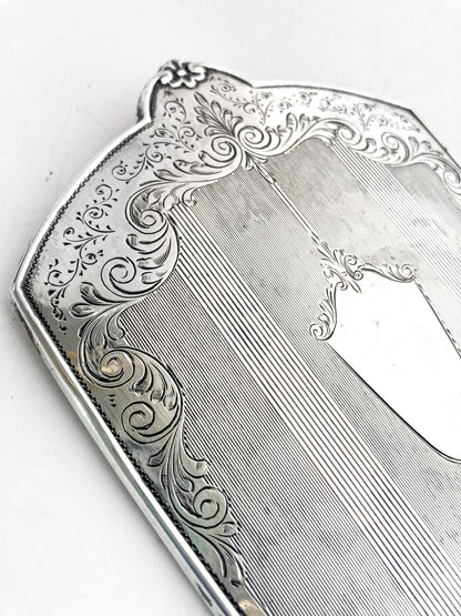 Vintage Engraved Sterling Silver Haddon Hall Elongated Vanity Hand Mirror Close Up Top