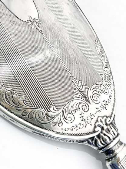 Vintage Engraved Sterling Silver Haddon Hall Elongated Vanity Hand Mirror Close Up Middle