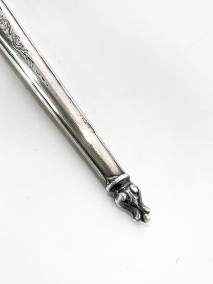 Vintage Engraved Sterling Silver Haddon Hall Elongated Vanity Hand Mirror Bottom Close Up