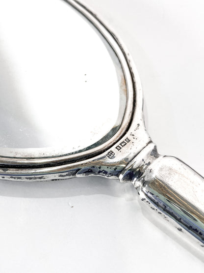 Vintage Engraved Sterling Silver Haddon Hall Elongated Vanity Hand Mirror Hallmark Close Up Middle