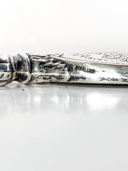 Vintage Engraved Sterling Silver Haddon Hall Elongated Vanity Hand Mirror Sterling Marking