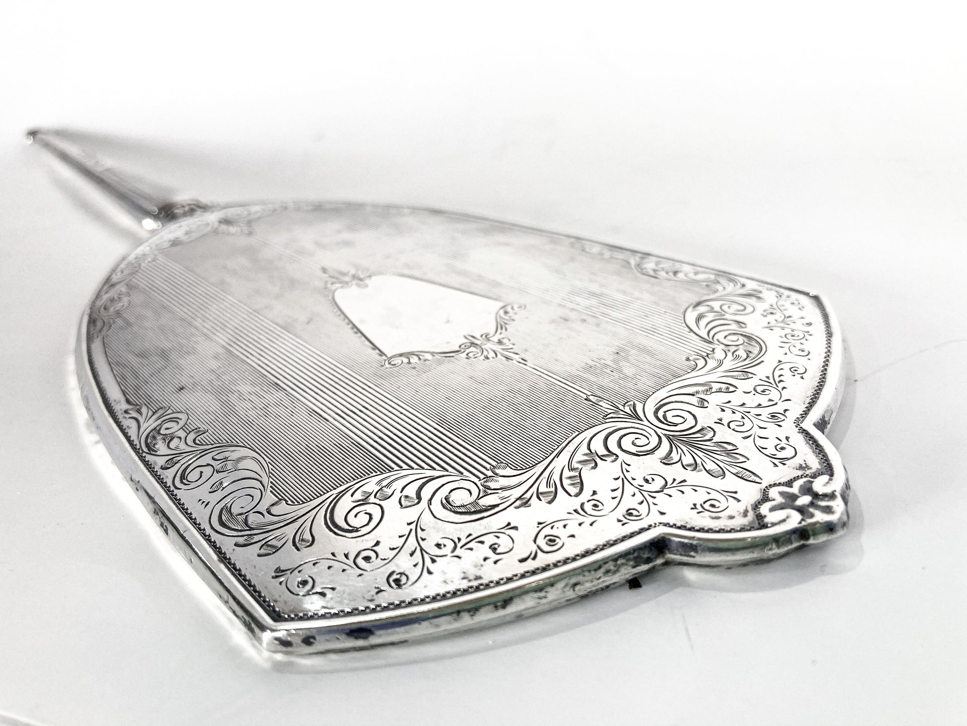 Vintage Engraved Sterling Silver Haddon Hall Elongated Vanity Hand Mirror Top Close Up Engraving