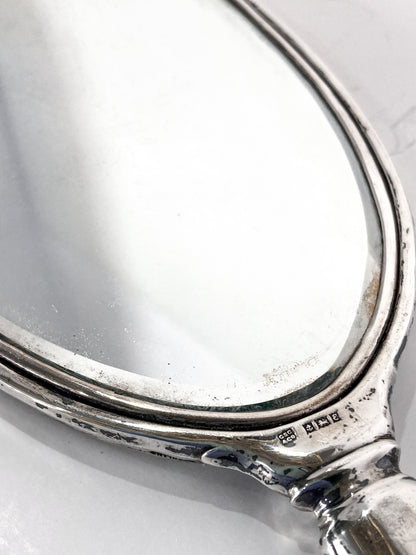 Vintage Engraved Sterling Silver Haddon Hall Elongated Vanity Hand Mirror Close Up Mirror Textureing