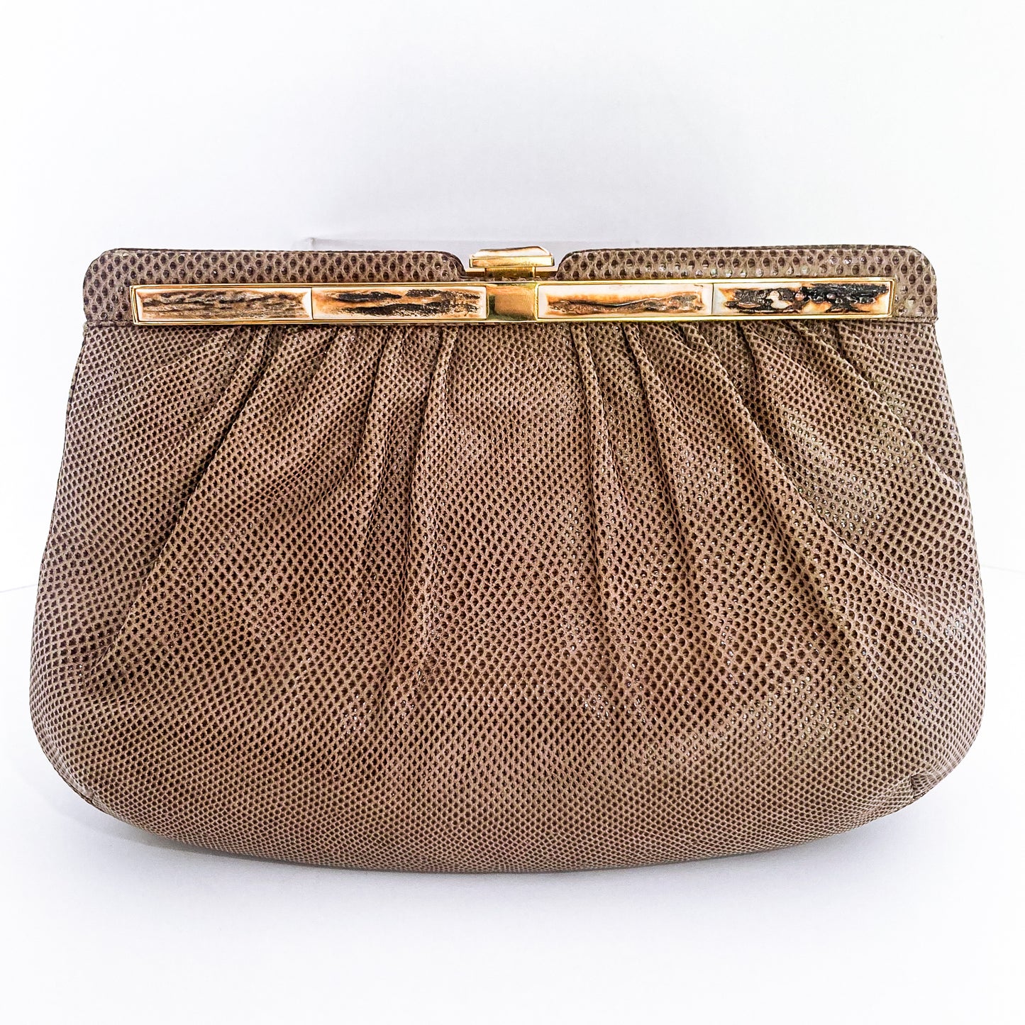 Vintage Judith Leiber Horn Lizard Leather Beige Handbag Clutch Crossbody Purse Front