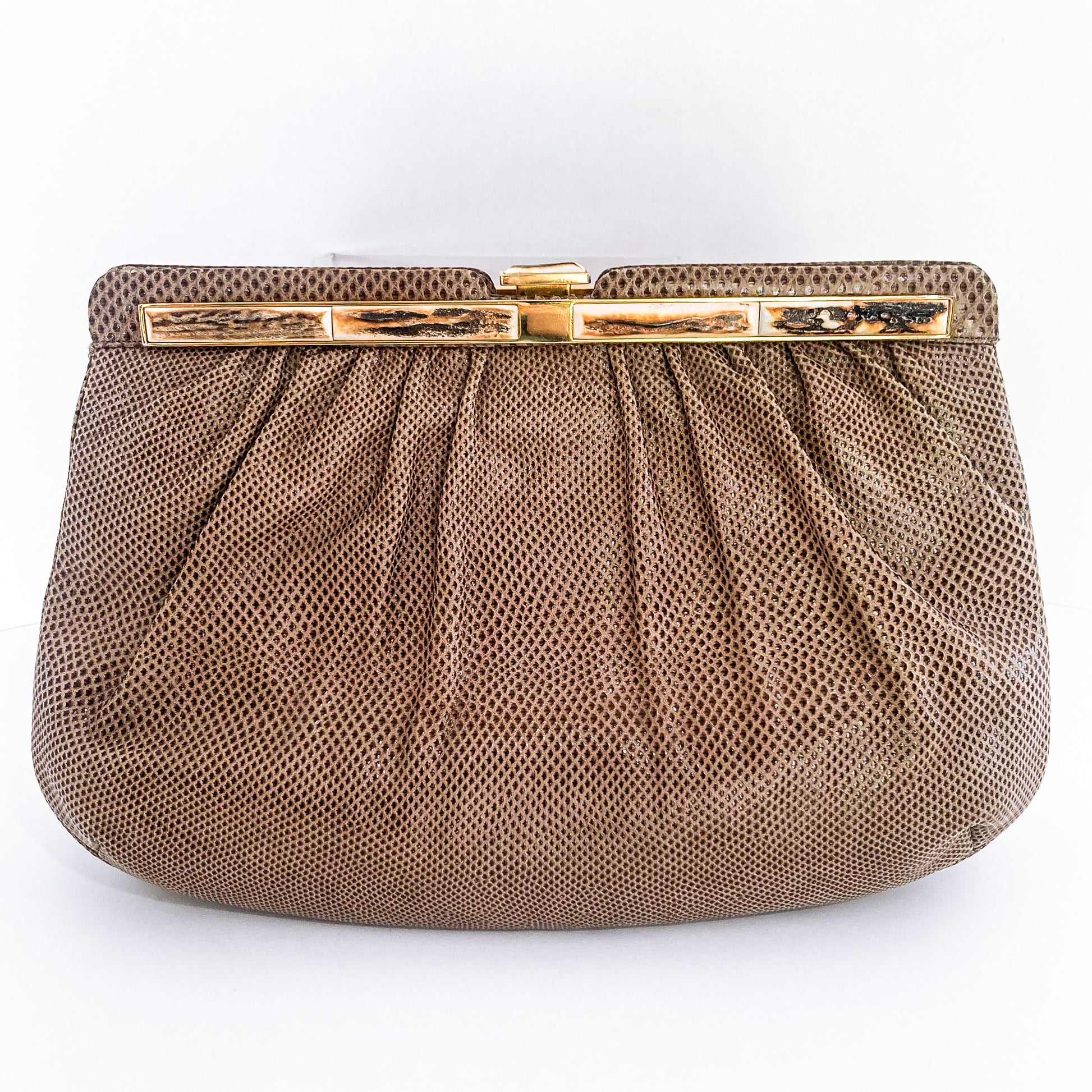 Vintage Judith Leiber Horn Lizard Leather Beige Handbag Clutch Crossbody Purse Front