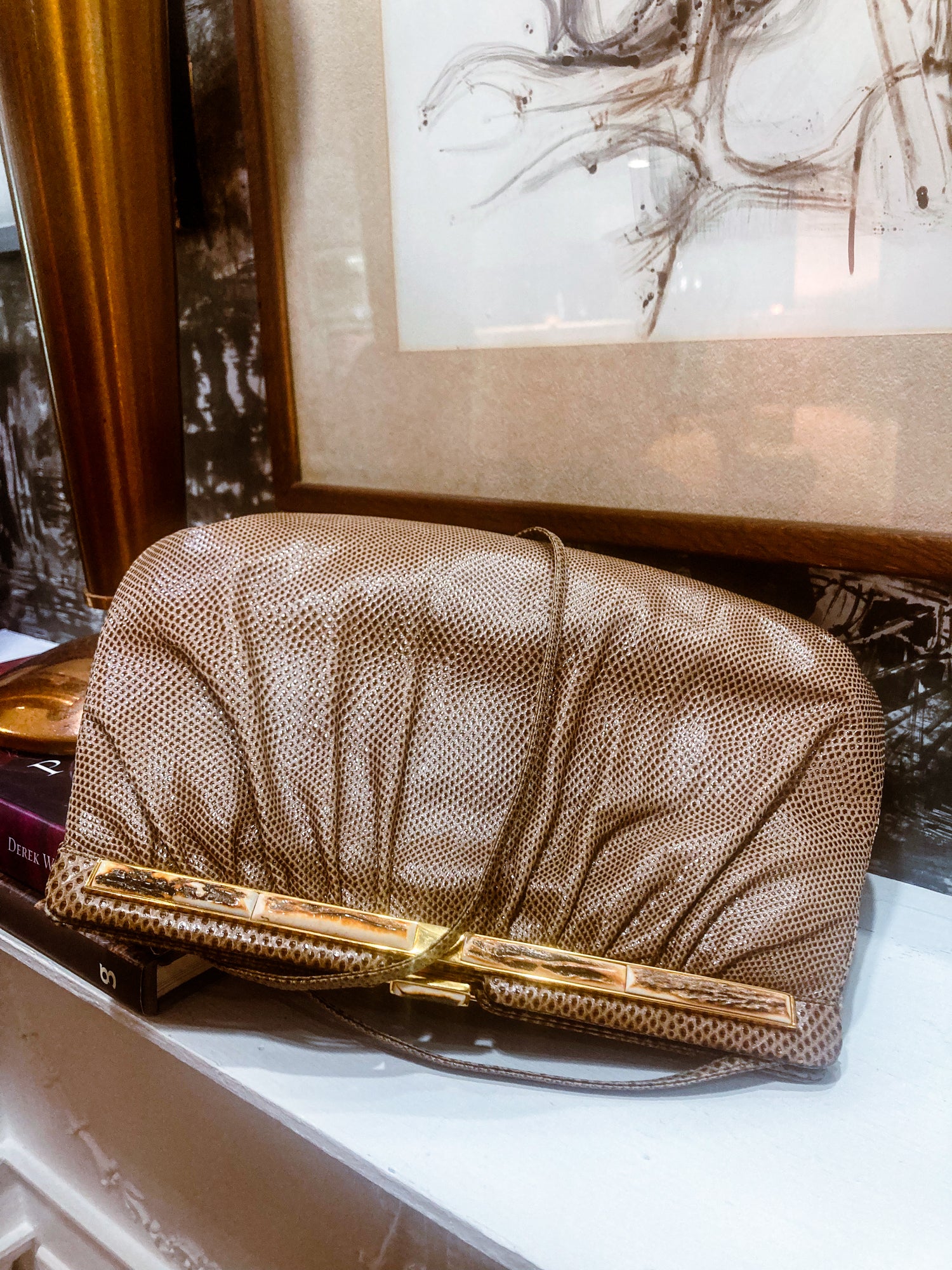 Vintage Judith Leiber Horn Lizard Leather Beige Handbag Clutch Crossbody Purse 2